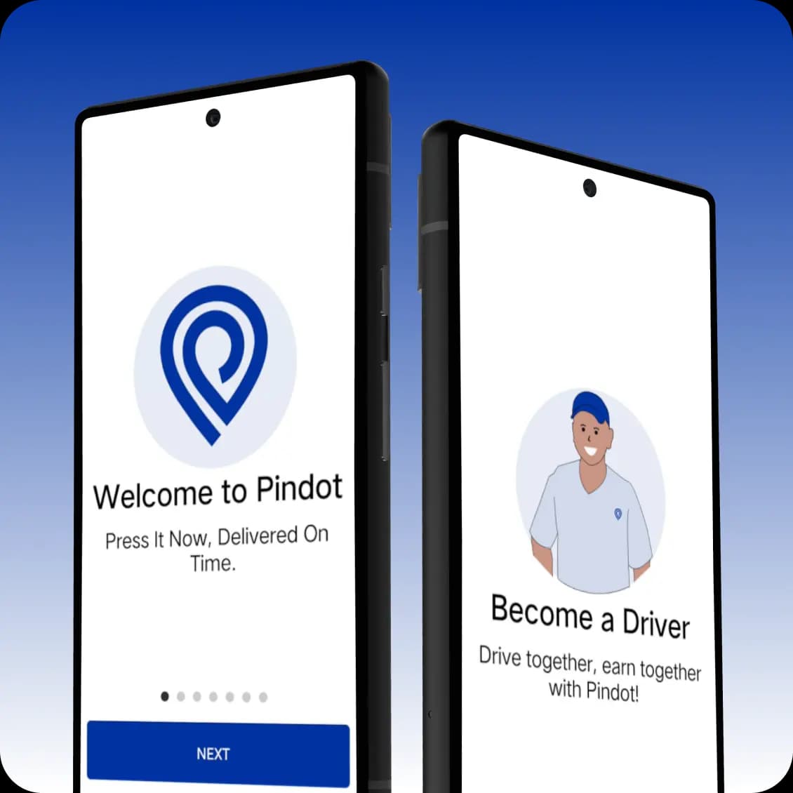 Pindot app screens - Welcome and Become a Driver